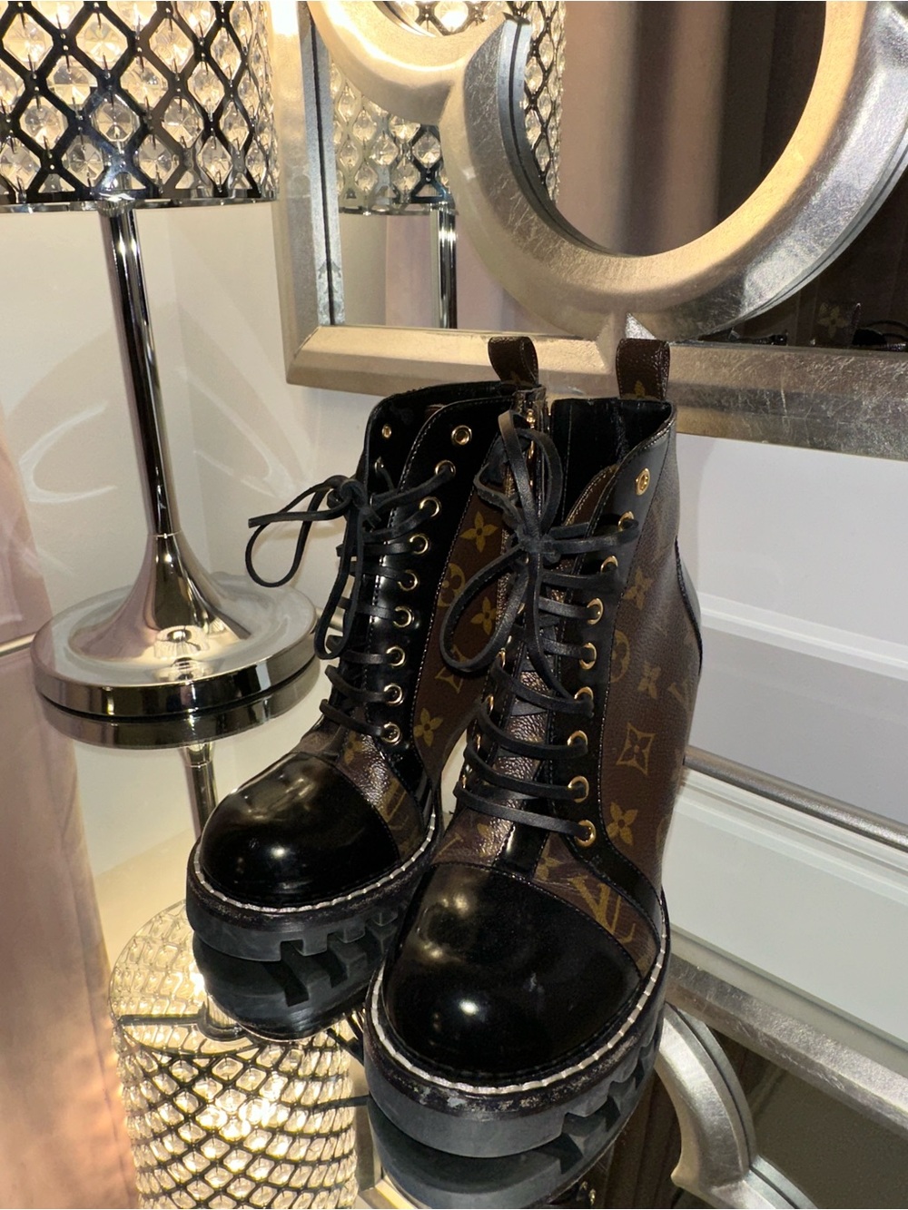 Louis Vuitton Monogram Canvas Lace-Up Combat Boots in Brown and Black